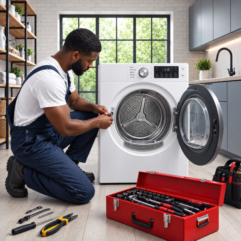 Technician repairing front-loading dryer, in Waldorf MD